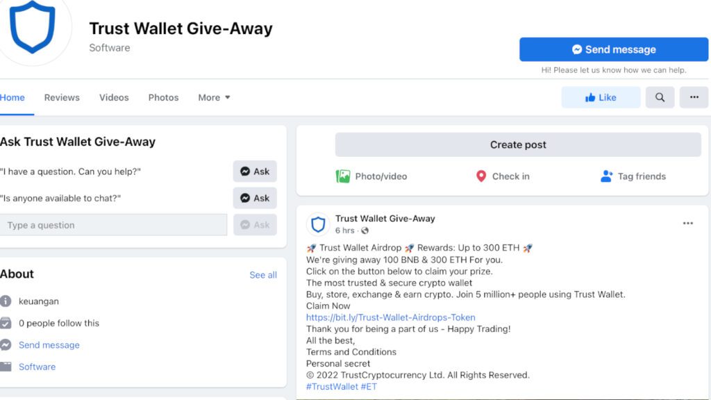example of trust wallet scam on facebook