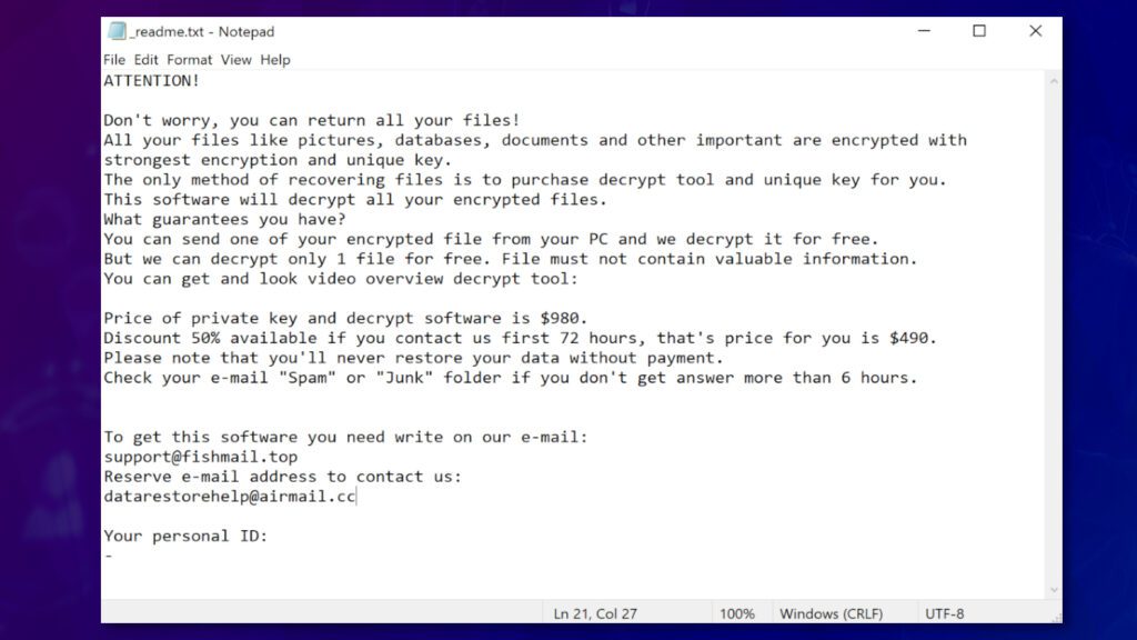POHJ ransomware drops a money-demanding text note called _readme.txt
