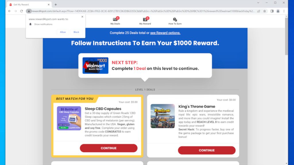 Walmart Gift Card scam page asks to complete deals to earn the reward