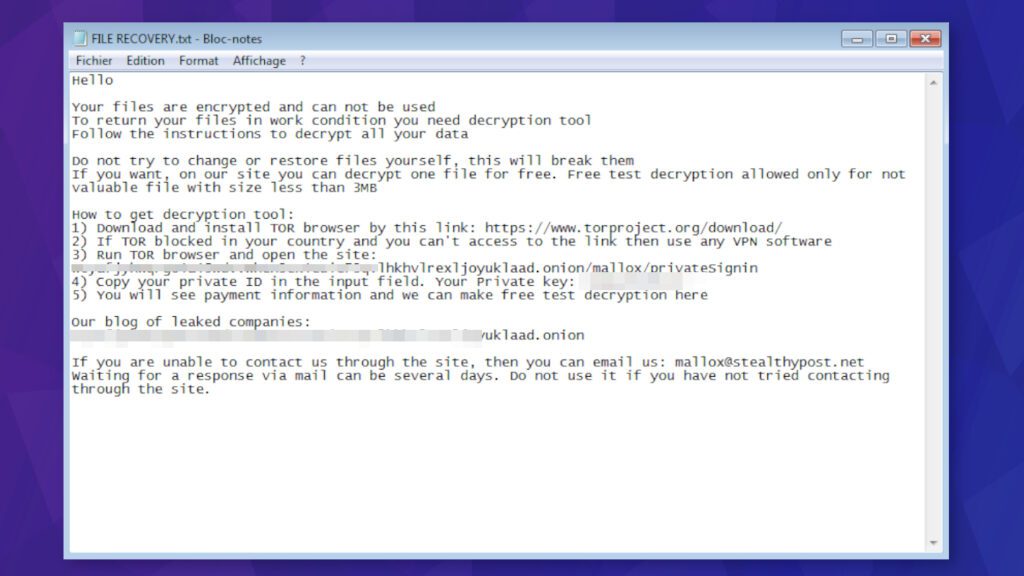 FILE RECOVERY.txt ransom note sample created by another Mallox ransomware version