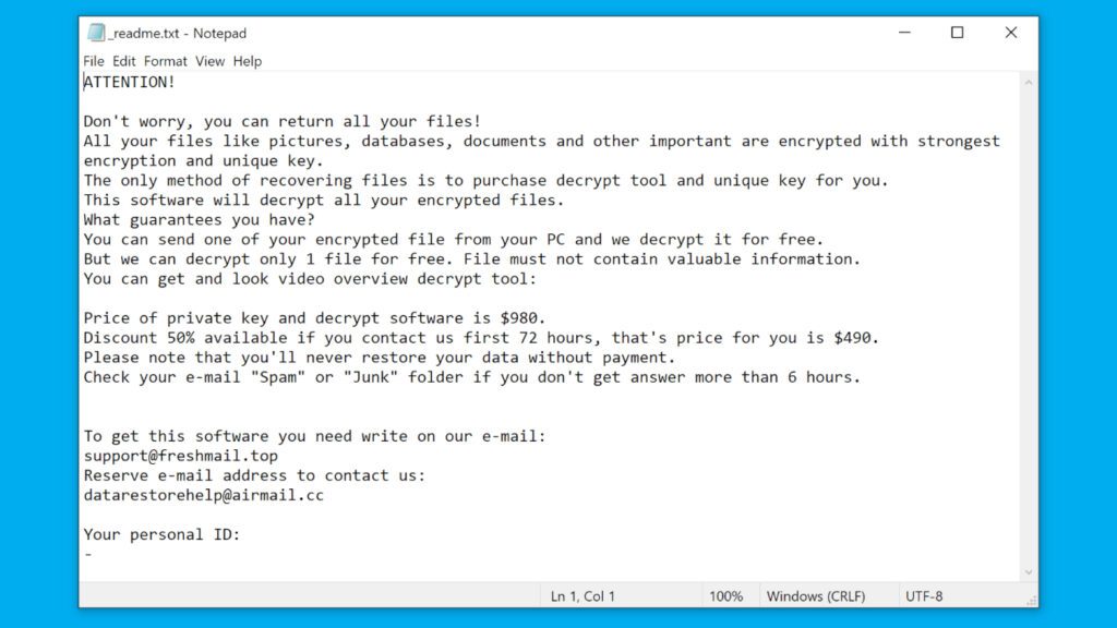 _readme.txt note associated with KIFR ransomware