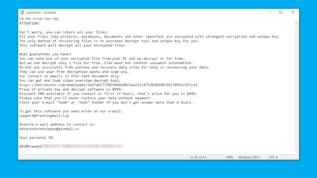 new stop/djvu ransomware ransom note (_readme.txt) sample as of April 2024